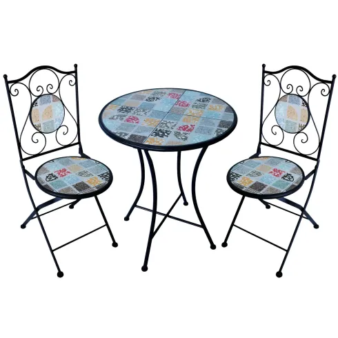 Set Tavolo Ø 60 cm con 2 Sedie Pieghevoli da Giardino Effetto Mosaico