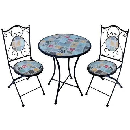 Set Tavolo Ø 60 cm con 2 Sedie Pieghevoli da Giardino Effetto Mosaico