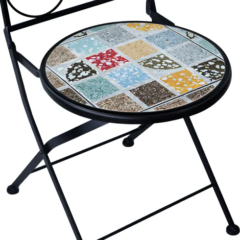 Set Tavolo Ø 60 cm con 2 Sedie Pieghevoli da Giardino Effetto Mosaico