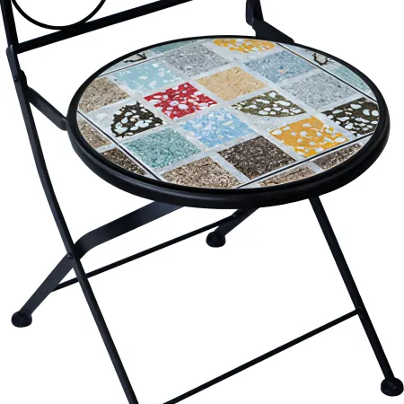 Set Tavolo Ø 60 cm con 2 Sedie Pieghevoli da Giardino Effetto Mosaico
