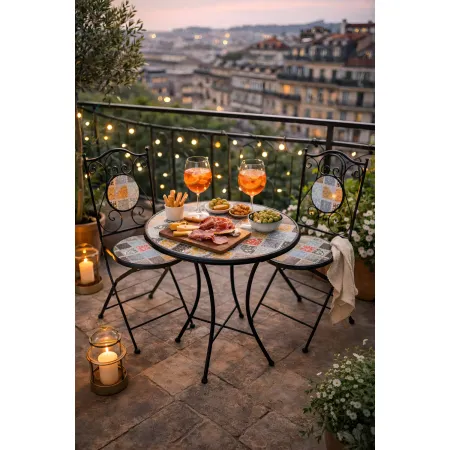 Set Tavolo Ø 60 cm con 2 Sedie Pieghevoli da Giardino Effetto Mosaico