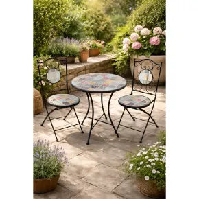 Set Tavolo Ø 60 cm con 2 Sedie Pieghevoli da Giardino Effetto Mosaico 2