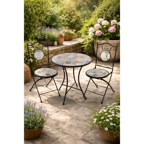 Set Tavolo Ø 60 cm con 2 Sedie Pieghevoli da Giardino Effetto Mosaico