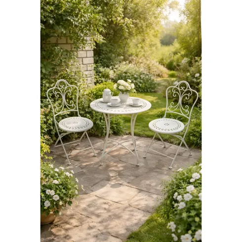 Set Tavolo da Giardino Ø 60 cm con 2 Sedie Pieghevoli Ceramica Bianco