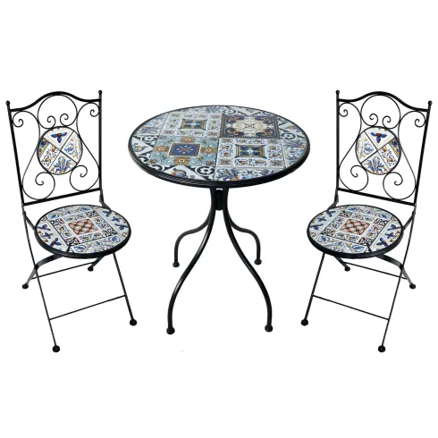 Set Tavolo Ø 60 cm con 2 Sedie Pieghevoli da Giardino Mosaico Blu