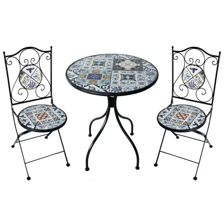Set Tavolo Ø 60 cm con 2 Sedie Pieghevoli da Giardino Mosaico Blu