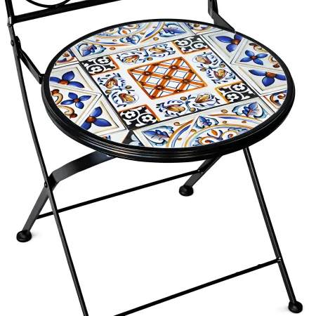 Set Tavolo Ø 60 cm con 2 Sedie Pieghevoli da Giardino Mosaico Blu