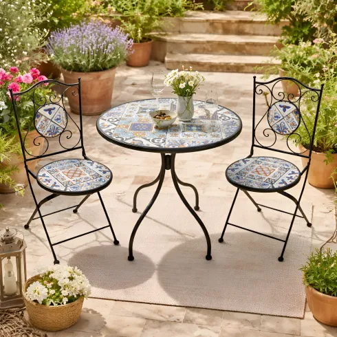 Set Tavolo Ø 60 cm con 2 Sedie Pieghevoli da Giardino Mosaico Blu