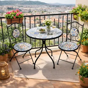 Set Tavolo Ø 60 cm con 2 Sedie Pieghevoli da Giardino Mosaico Blu 2