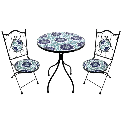 Set Tavolo Ø 60 cm con 2 Sedie Pieghevoli da Giardino Blu Celeste