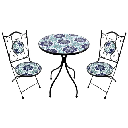 Set Tavolo Ø 60 cm con 2 Sedie Pieghevoli da Giardino Blu Celeste