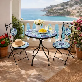 Set Tavolo Ø 60 cm con 2 Sedie Pieghevoli da Giardino Blu Celeste 2