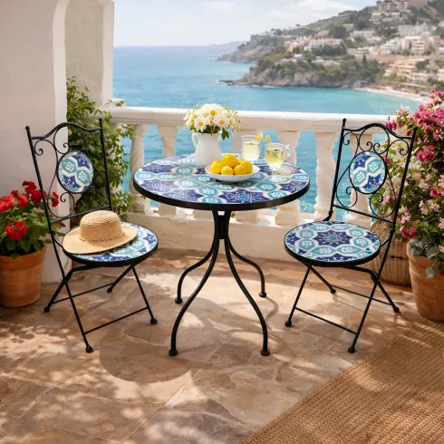 Set Tavolo Ø 60 cm con 2 Sedie Pieghevoli da Giardino Blu Celeste