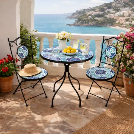 Set Tavolo Ø 60 cm con 2 Sedie Pieghevoli da Giardino Blu Celeste