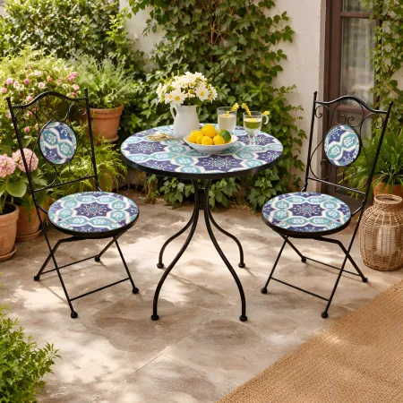 Set Tavolo Ø 60 cm con 2 Sedie Pieghevoli da Giardino Blu Celeste