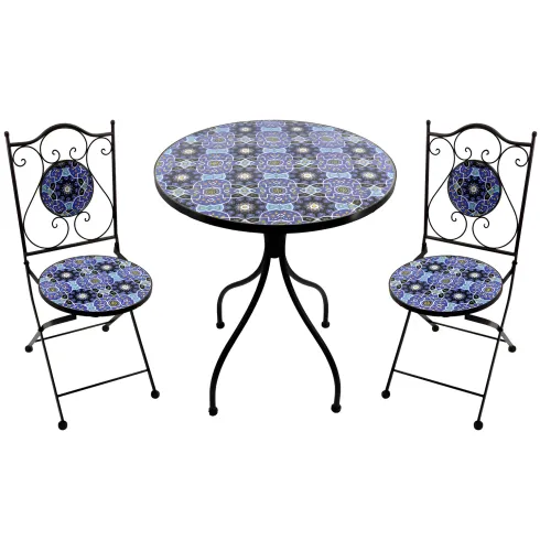 Set Tavolo Ø 60 cm 2 Sedie Pieghevoli Ceramica da Esterno Azzurro Blu