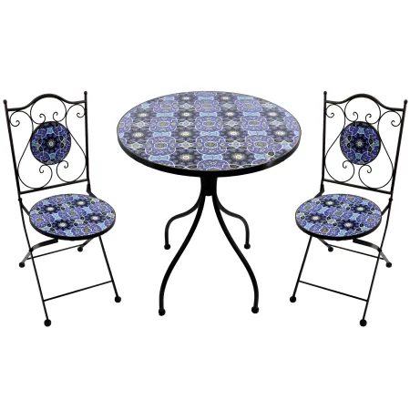 Set Tavolo Ø 60 cm 2 Sedie Pieghevoli Ceramica da Esterno Azzurro Blu