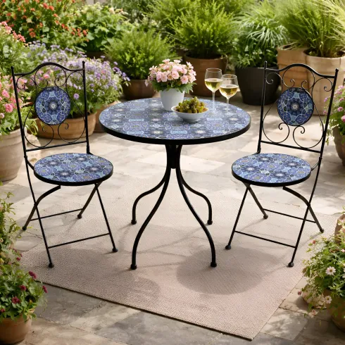 Set Tavolo Ø 60 cm 2 Sedie Pieghevoli Ceramica da Esterno Azzurro Blu