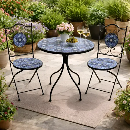 Set Tavolo Ø 60 cm 2 Sedie Pieghevoli Ceramica da Esterno Azzurro Blu