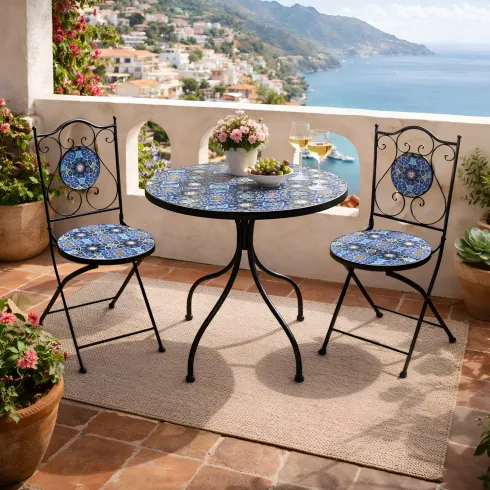 Set Tavolo Ø 60 cm 2 Sedie Pieghevoli Ceramica da Esterno Azzurro Blu