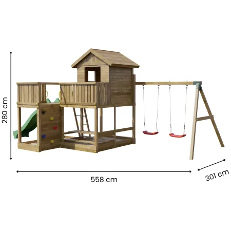 Parco Giochi in Legno Casetta Piattaforme Scivolo Altalena Sabbiera