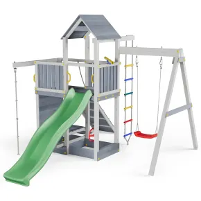 Parco Giochi in Legno Torre Scivolo Altalena Sabbiera Bianco Grigio