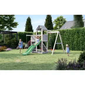Parco Giochi in Legno Torre Scivolo Altalena Sabbiera Bianco Grigio 2