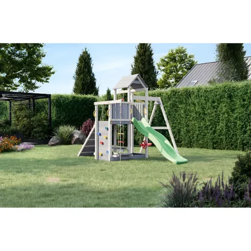 Parco Giochi in Legno Torre Scivolo Altalena Sabbiera Bianco Grigio