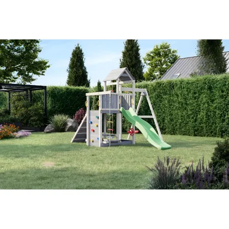 Parco Giochi in Legno Torre Scivolo Altalena Sabbiera Bianco Grigio