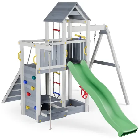 Parco Giochi in Legno Torre Scivolo Altalena Sabbiera Bianco Grigio