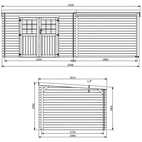 Casetta in Legno di Abete 6x3 Doppia Porta con Vetri Portico Laterale