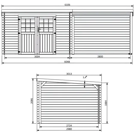 Casetta in Legno di Abete 6x3 Doppia Porta con Vetri Portico Laterale