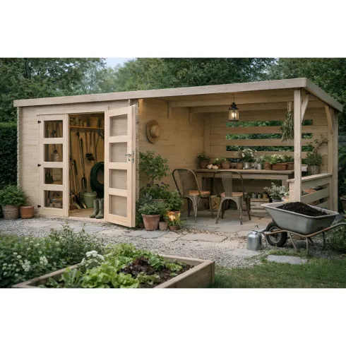 Casetta in Legno da Giardino 632×298 cm Doppia Porta a Vetri Portico