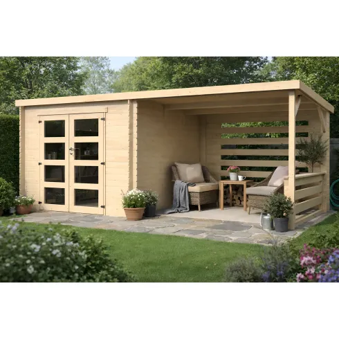 Casetta in Legno da Giardino 632×298 cm Doppia Porta a Vetri Portico