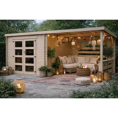 Casetta in Legno da Giardino 632×298 cm Doppia Porta a Vetri Portico