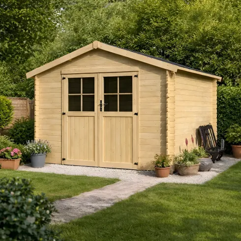 Casetta in Legno 34mm Grezzo da Giardino 3x3 Doppia Porta Vetrata