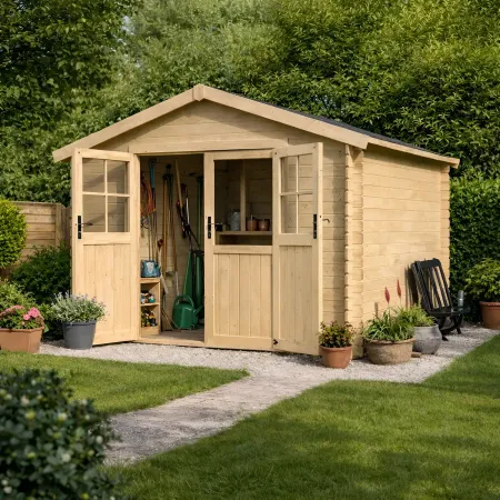 Casetta in Legno 34mm Grezzo da Giardino 3x3 Doppia Porta Vetrata