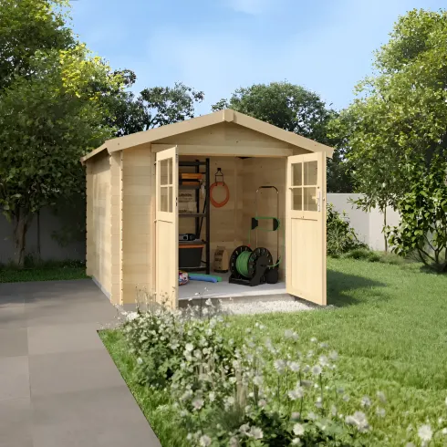 Casetta in Legno 34mm Grezzo da Giardino 3x3 Doppia Porta Vetrata