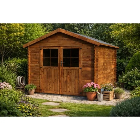 Casetta in Legno 34mm Trattato da Giardino 3x3 Doppia Porta Vetrata