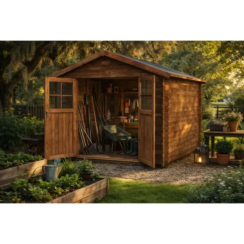 Casetta in Legno 34mm Trattato da Giardino 3x3 Doppia Porta Vetrata