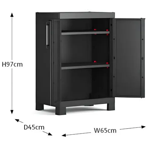Armadio Basso Garage Keter 2 Ripiani Compatto Nero Balcone Resistente da Esterno | BricoShop24