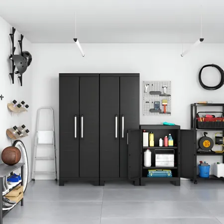 Armadio Basso Garage Keter 2 Ripiani Compatto Nero Balcone Resistente da Esterno | BricoShop24