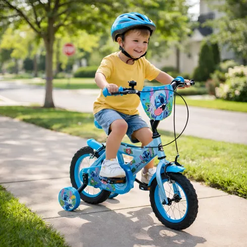 Bicicletta Rotelle da Bambino Stitch 12" Celeste Disney Doppio Freno