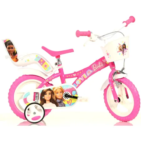 Bicicletta Rotelle Barbie 12" per Bambini Rosa con Cestino Seggiolino