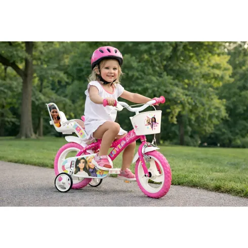 Bicicletta Rotelle Barbie 12" per Bambini Rosa con Cestino Seggiolino