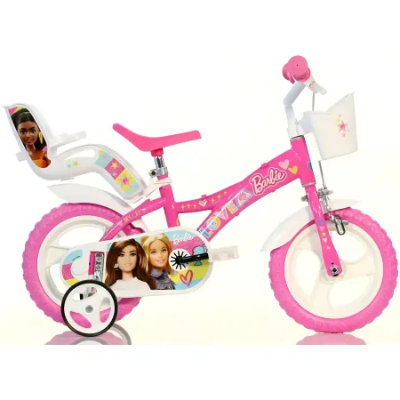 Bicicletta Rotelle Barbie 12" per Bambini Rosa con Cestino Seggiolino
