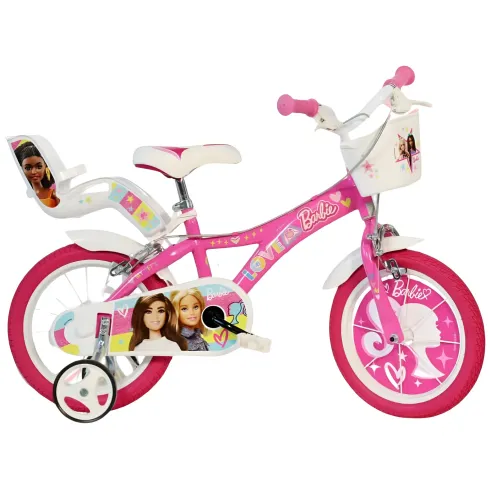 Bicicletta Rotelle Barbie 14" per Bambini Rosa con Cestino Seggiolino