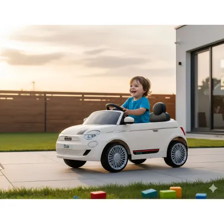 Auto Elettrica per Bambini Fiat 500 12V Bianco Telecomando e Fari LED