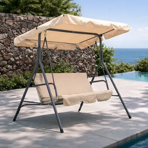 Dondolo 3 Posti Telo Beige in Acciaio da Esterno Balcone Giardino
