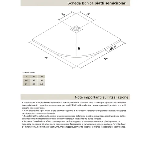 Piatto Doccia Slim Semicircolare 80x80 Pietra Nero 2.8cm Angolare Piletta